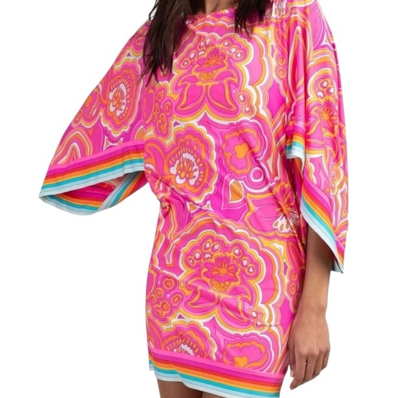 Trina Turk Morning Sunrise pink 70s inspired print Swim Cover Tunic Kaftan dress - Picture 3 of 14